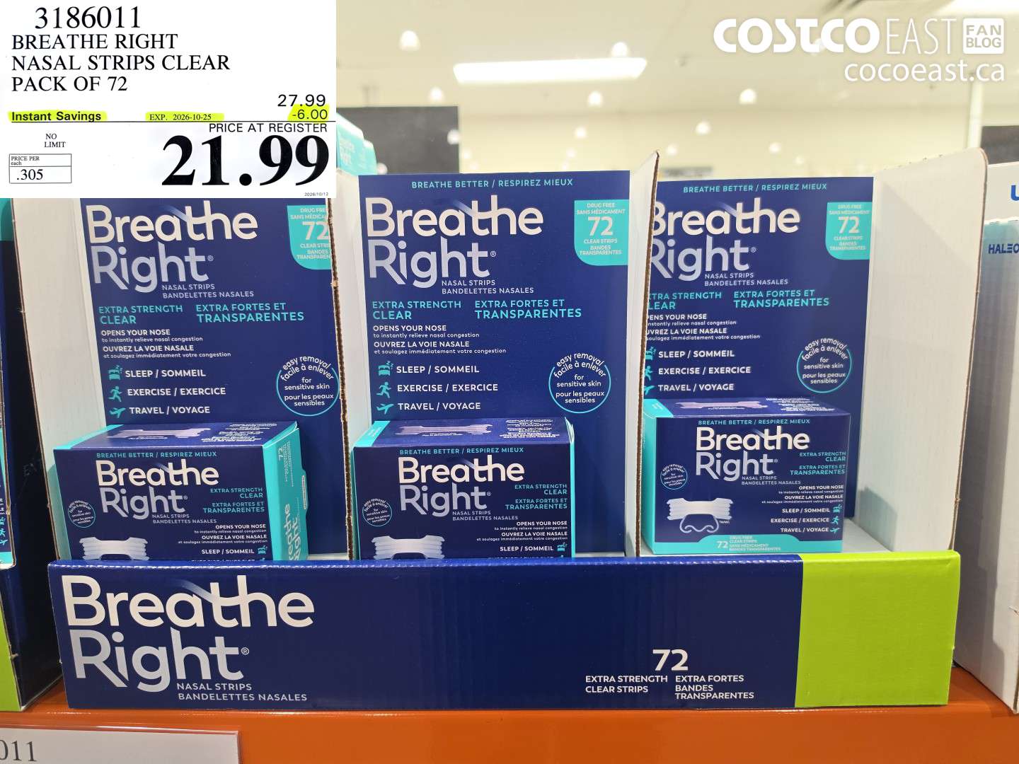 3186011 BREATHE RIGHT NASAL STRIPS CLEAR PACK OF 72 ($6.00 INSTANT SAVINGS EXPIRES ON 2026-10-25) $21.99