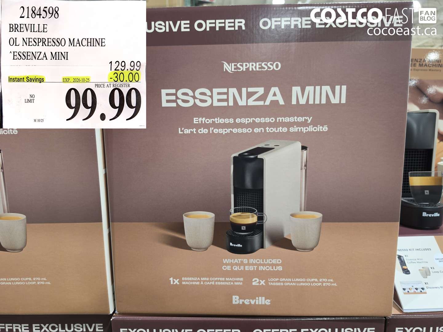 2184598 BREVILLE OL NESPRESSO MACHINE ESSENZA MINI ($30.00 INSTANT SAVINGS EXPIRES ON 2026-10-25) $99.99