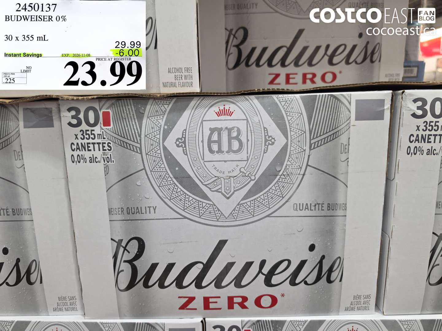 2450137 BUDWEISER 0% 30 X 355 ML ($6.00 INSTANT SAVINGS EXPIRES ON 2026-11-08) $23.99