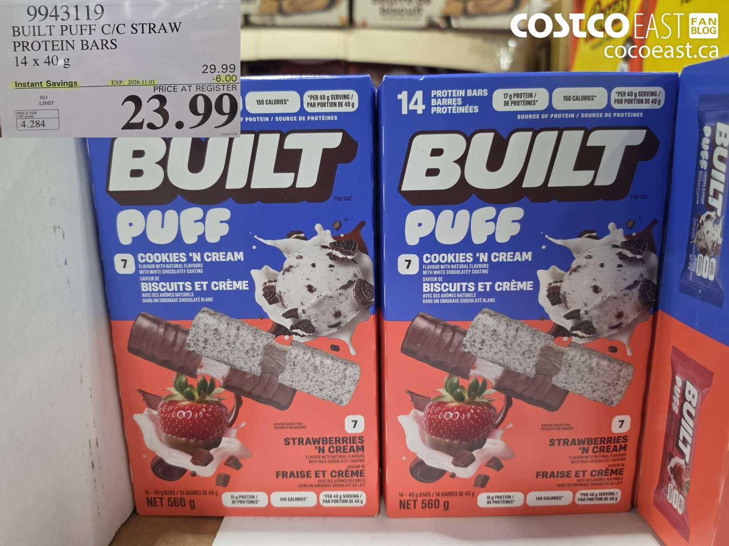 9943119 BUILT PUFF C/C STRAW PROTEIN BARS 14 X 40 G ($6.00 INSTANT SAVINGS EXPIRES ON 2026-11-01) $23.99