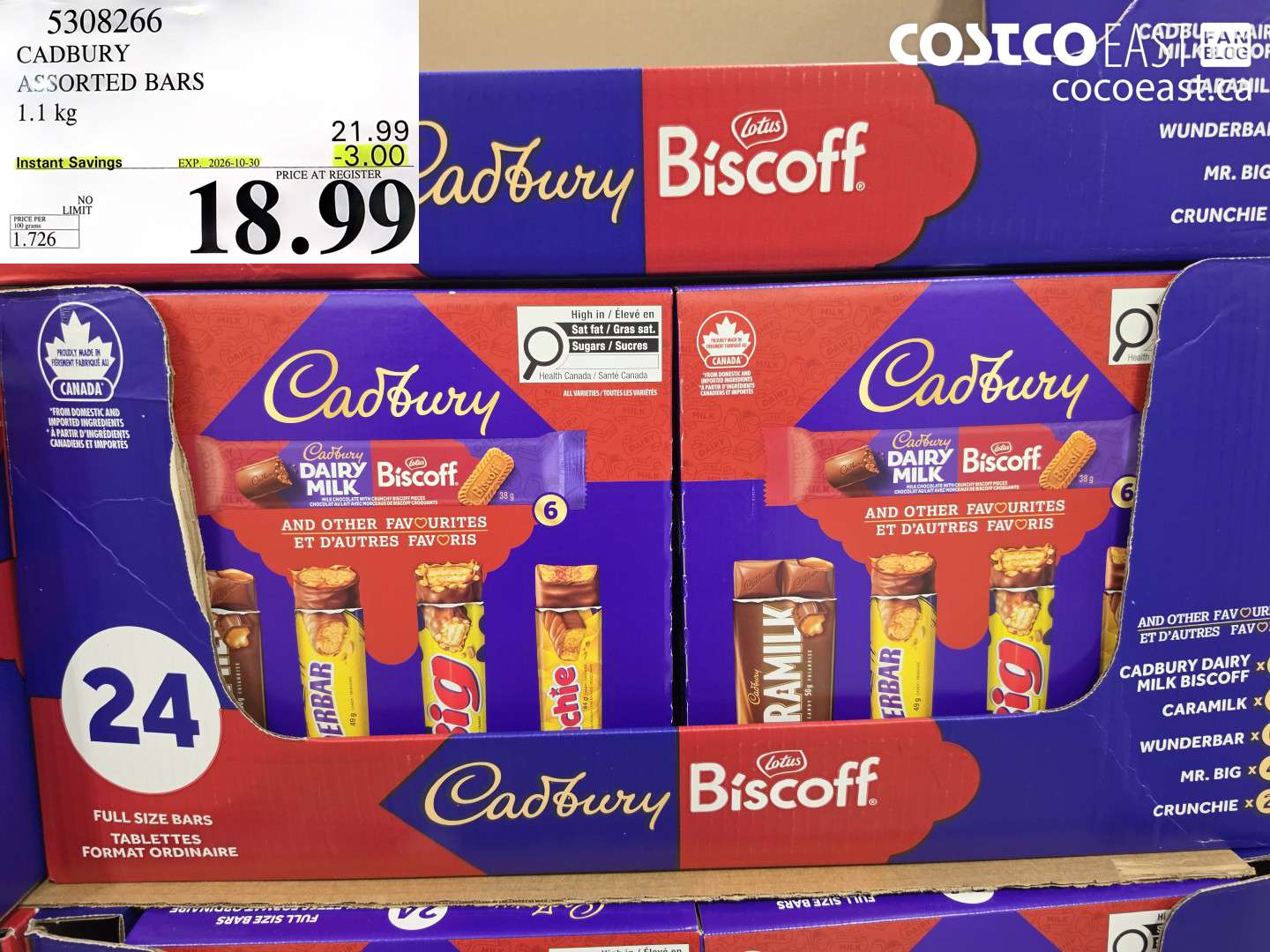 5308266 CADBURY ASSORTED BARS 1.1 KG ($3.00 INSTANT SAVINGS EXPIRES ON 2026-10-30) $18.99