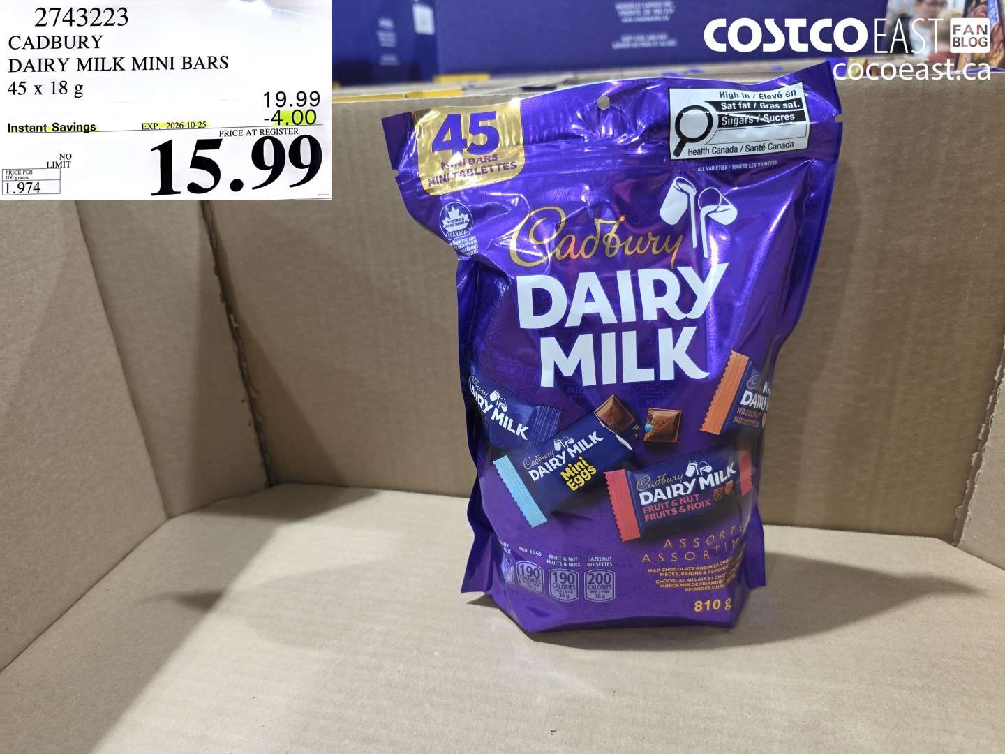 2743223 CADBURY DAIRY MILK MINI BARS 45 X 18 G ($4.00 INSTANT SAVINGS EXPIRES ON 2026-10-25) $15.99