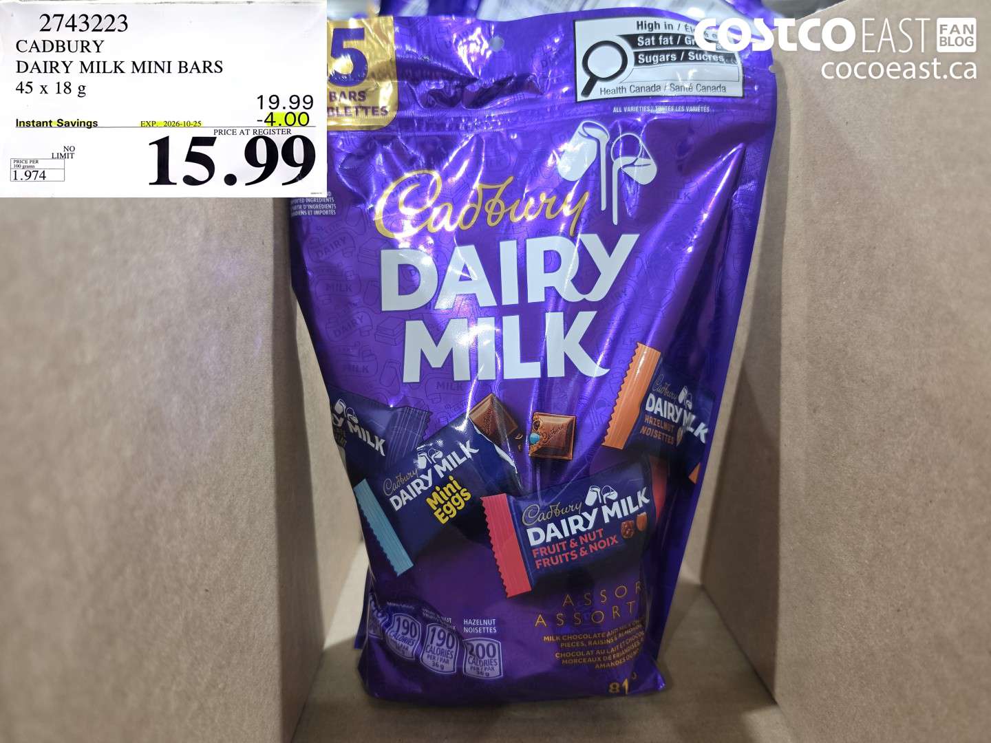 2743223 CADBURY DAIRY MILK MINI BARS 45 X 18 G ($4.00 INSTANT SAVINGS EXPIRES ON 2026-10-25) $15.99