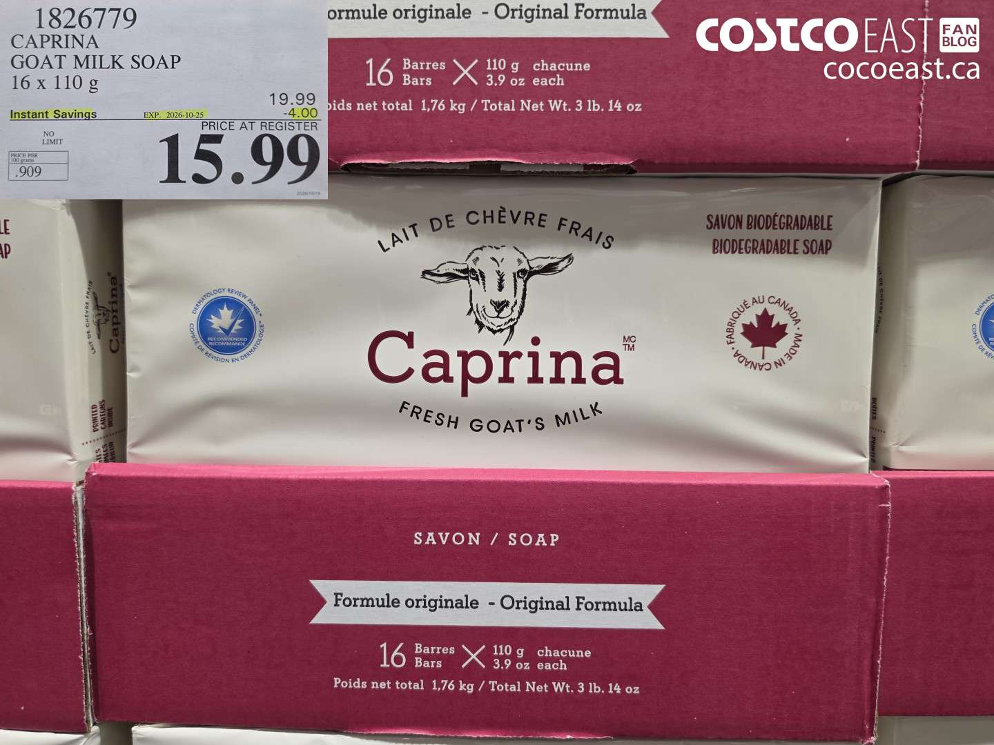 1826779 CAPRINA GOAT MILK SOAP 16 X 110 G ($4.00 INSTANT SAVINGS EXPIRES ON 2026-10-25) $15.99