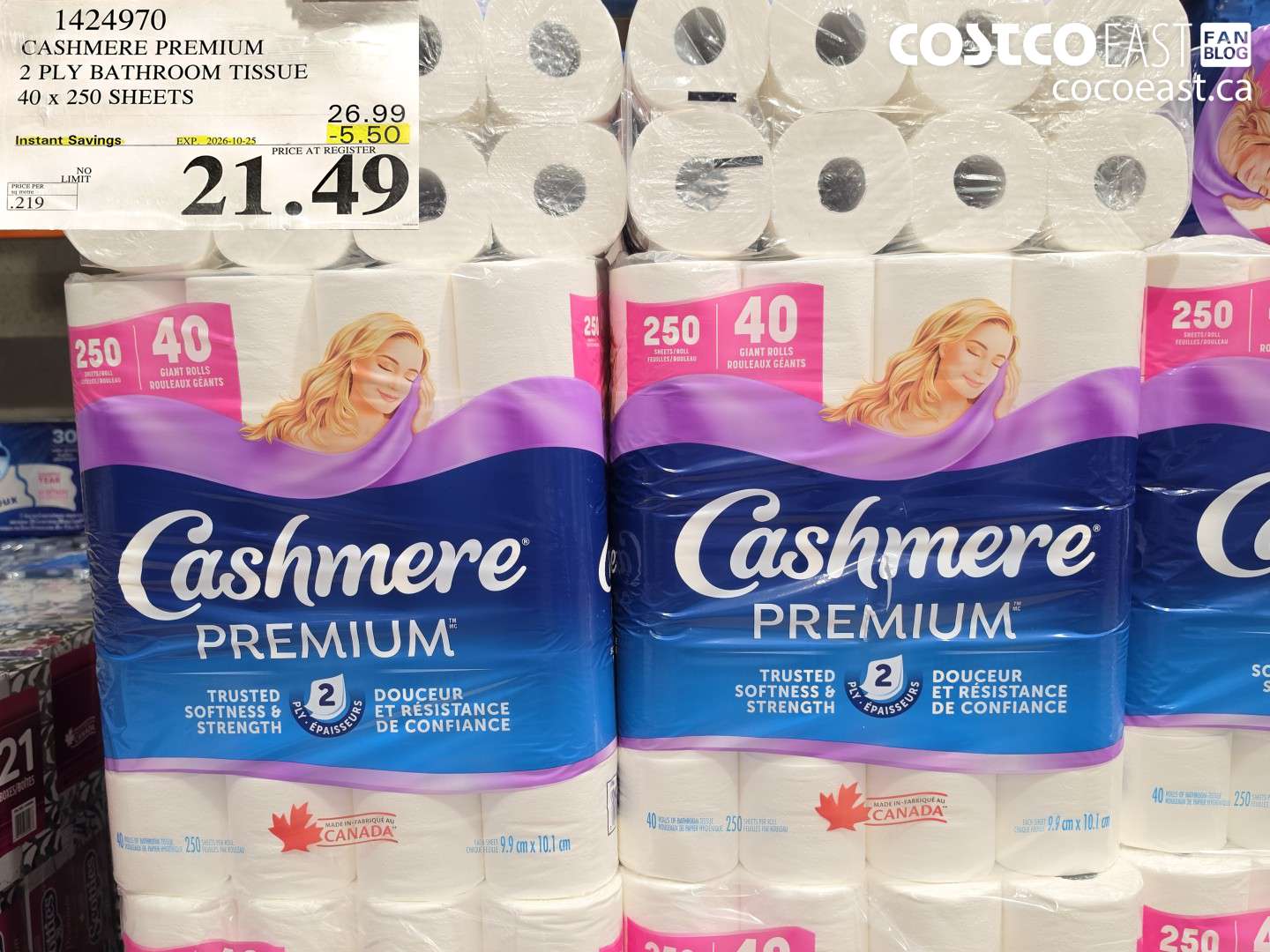 1424970 CASHMERE PREMIUM 2 PLY BATHROOM TISSUE 40 X 250 SHEETS ($5.50 INSTANT SAVINGS EXPIRES ON 2026-10-25) $21.49