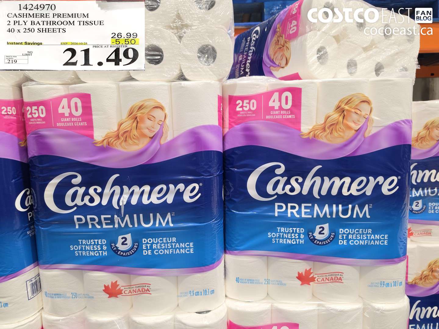 1424970 CASHMERE PREMIUM 2 PLY BATHROOM TISSUE 40 X 250 SHEETS ($5.50 INSTANT SAVINGS EXPIRES ON 2026-10-25) $21.49