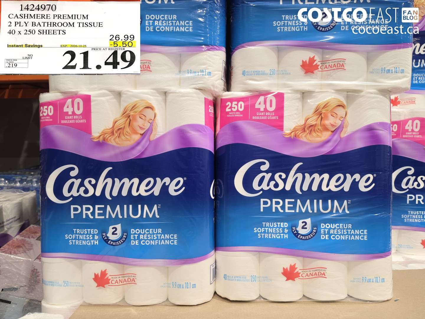 1424970 CASHMERE PREMIUM 2 PLY BATHROOM TISSUE 40 X 250 SHEETS ($5.50 INSTANT SAVINGS EXPIRES ON 2026-10-25) $21.49