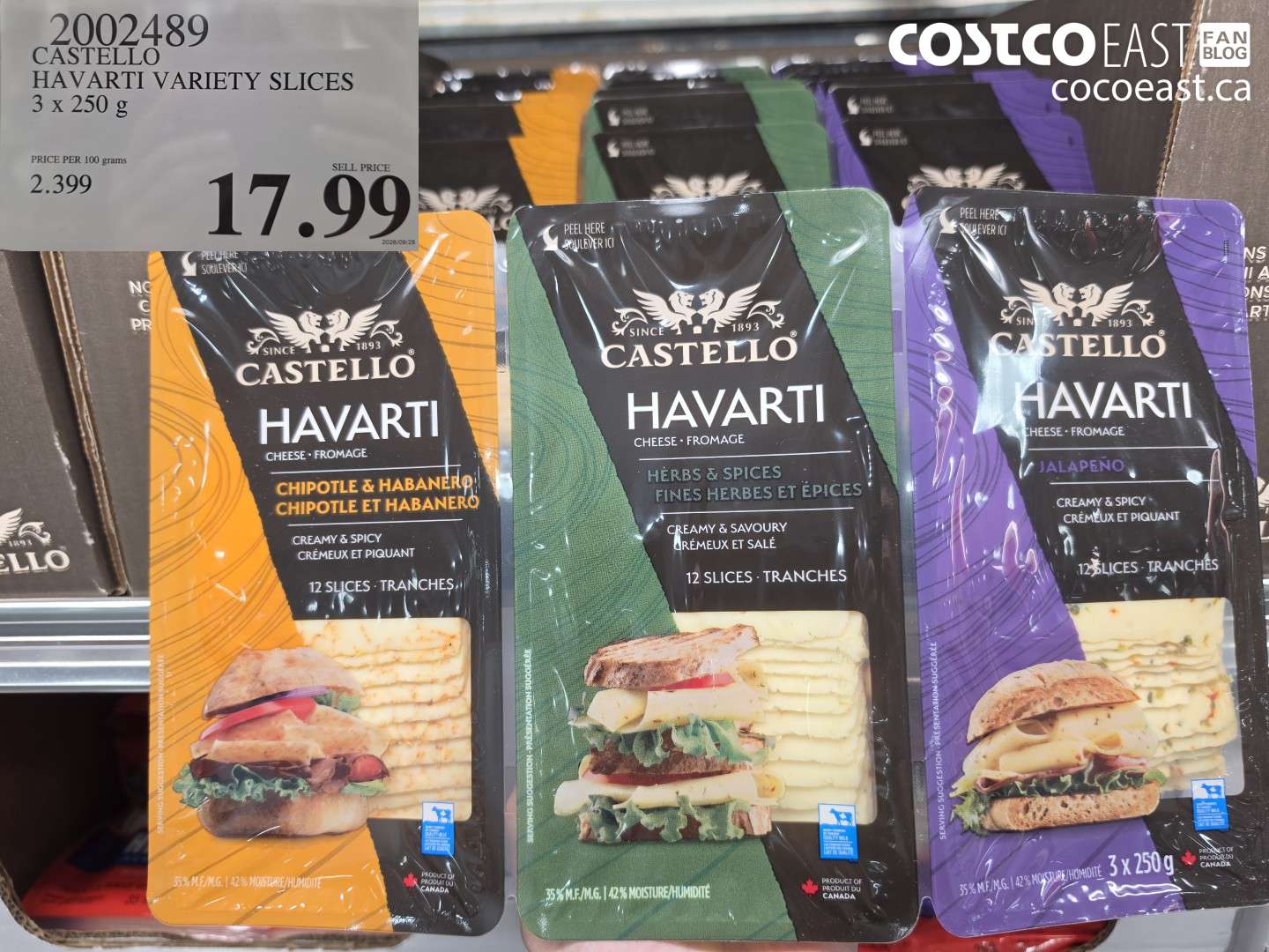 2002489 CASTELLO HAVARTI VARIETY SLICES 3 X 250 G $17.99