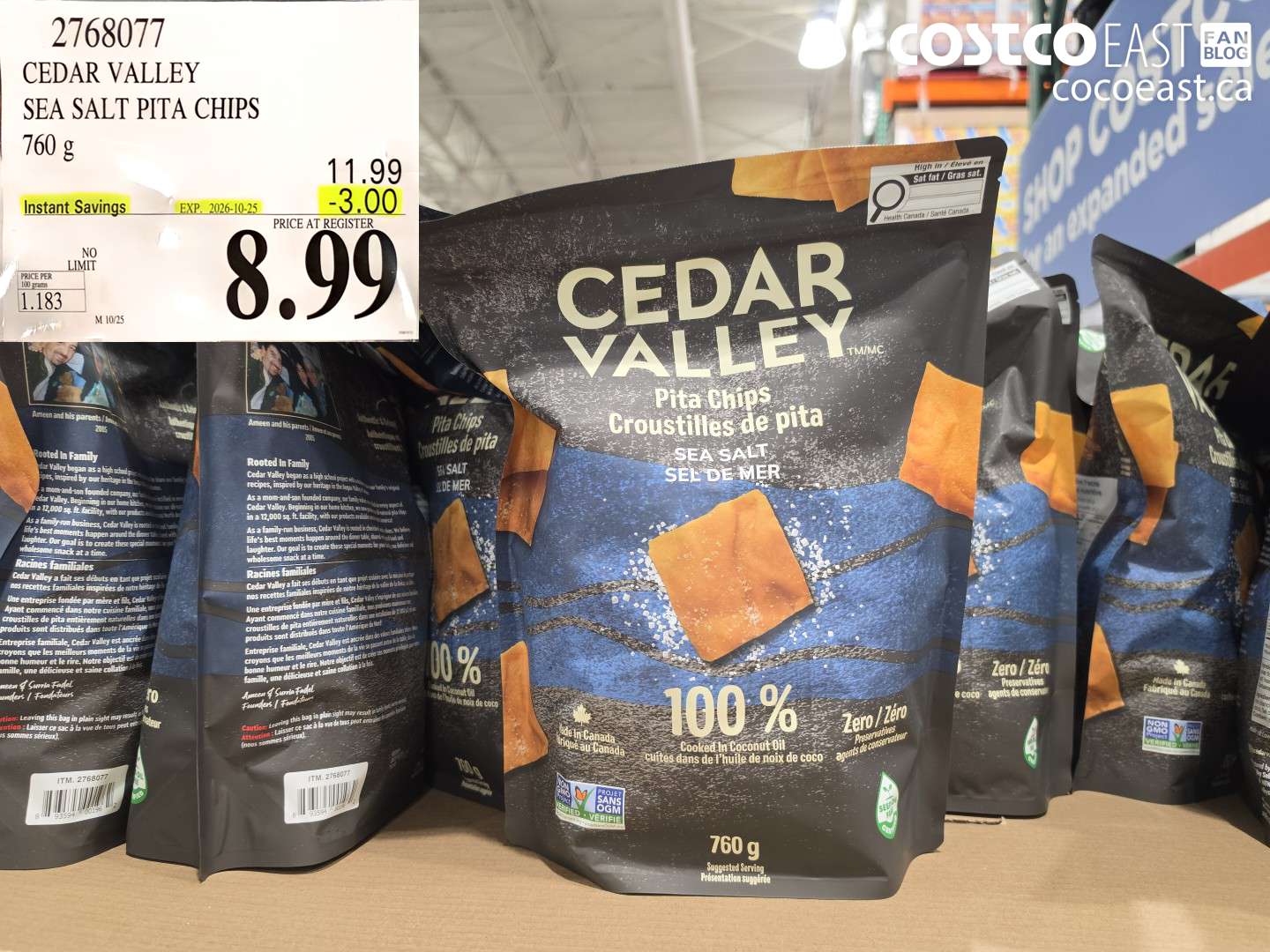 2768077 CEDAR VALLEY SEA SALT PITA CHIPS 760 G ($3.00 INSTANT SAVINGS EXPIRES ON 2026-10-25) $8.99