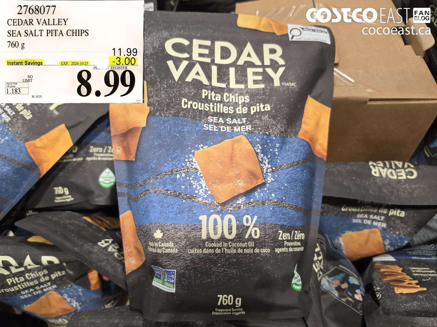 2768077 CEDAR VALLEY SEA SALT PITA CHIPS 760 G ($3.00 INSTANT SAVINGS EXPIRES ON 2026-10-25) $8.99