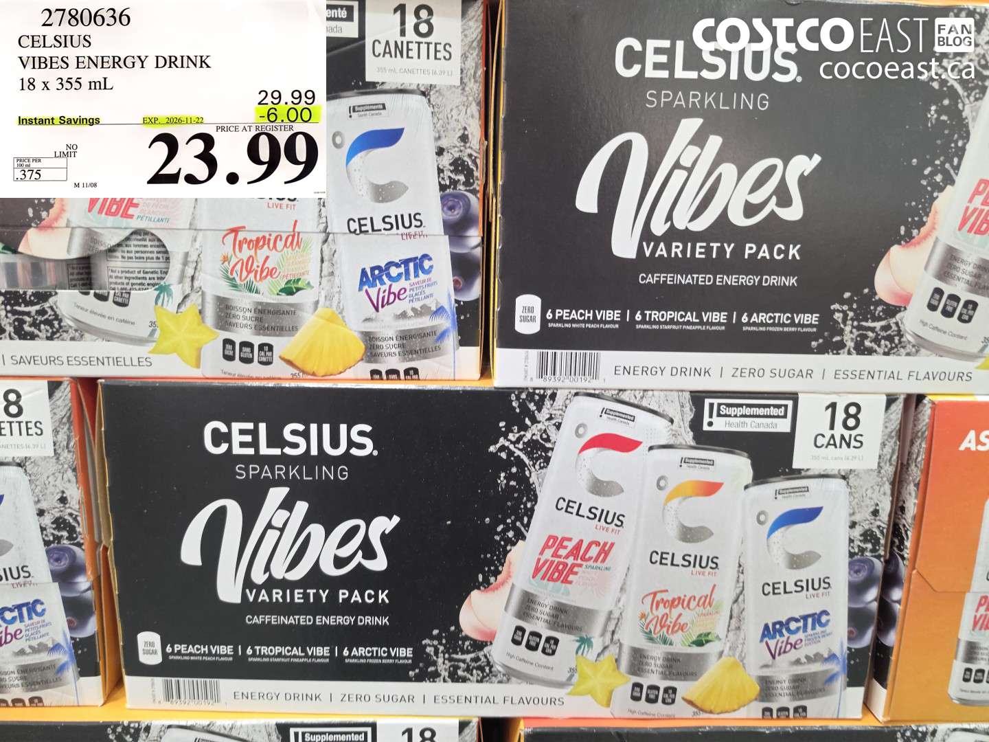 2780636 CELSIUS VIBES ENERGY DRINK 18 X 355 ML ($6.00 INSTANT SAVINGS EXPIRES ON 2026-11-22) $23.99