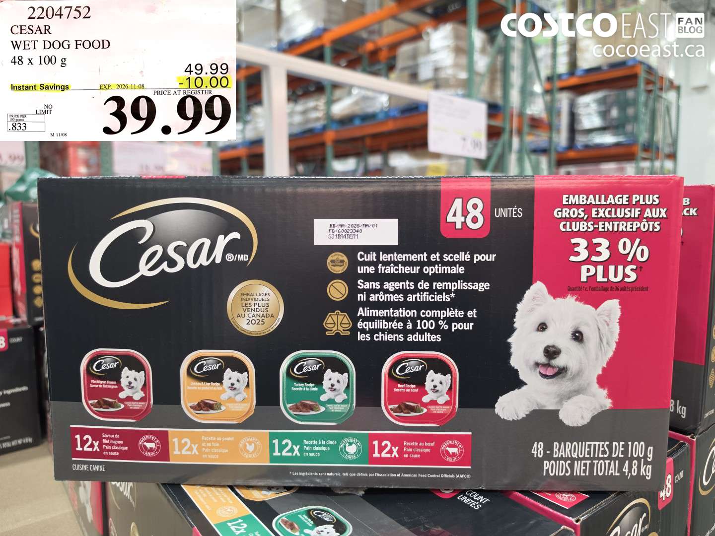 2204752 CESAR WET DOG FOOD 48 X 100 G ($10.00 INSTANT SAVINGS EXPIRES ON 2026-11-08) $39.99