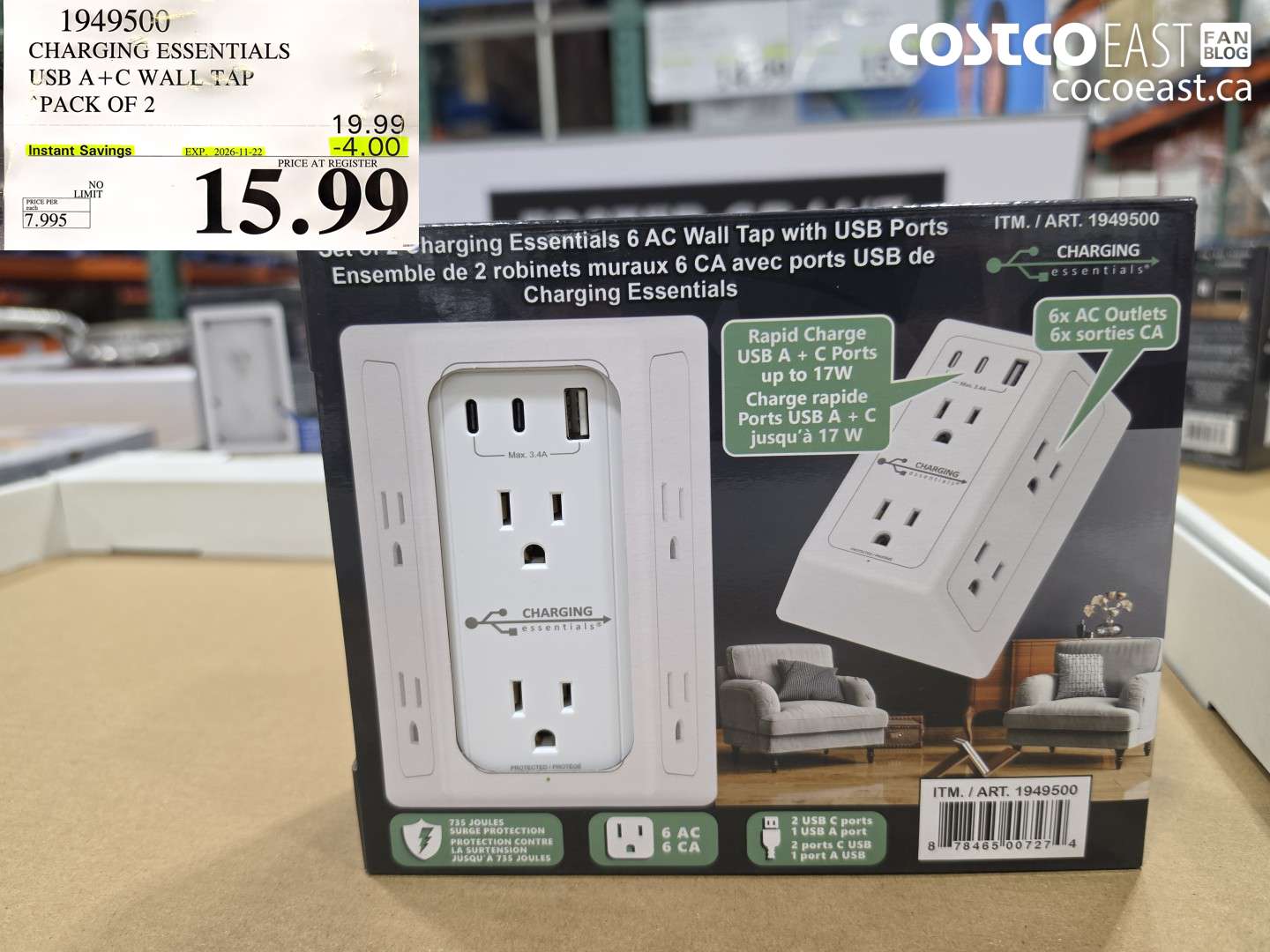 1949500 CHARGING ESSENTIALS USB A+C WALL TAP PACK OF 2 ($4.00 INSTANT SAVINGS EXPIRES ON 2026-11-22) $15.99