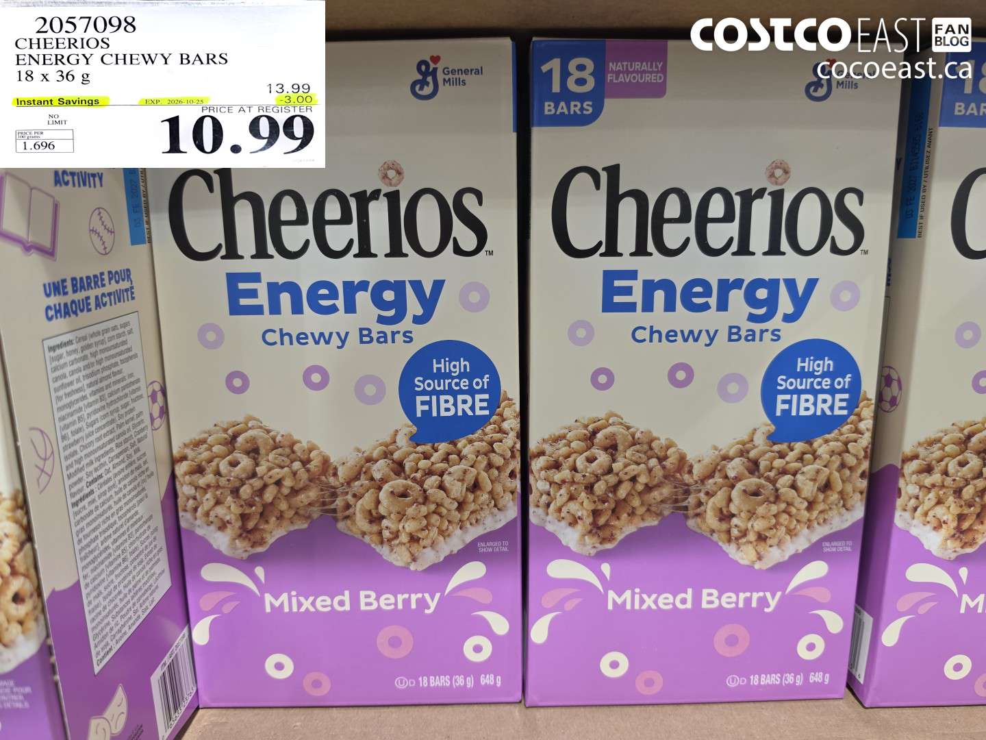 2057098 CHEERIOS ENERGY CHEWY BARS 18 X 36 G ($3.00 INSTANT SAVINGS EXPIRES ON 2026-10-25) $10.99