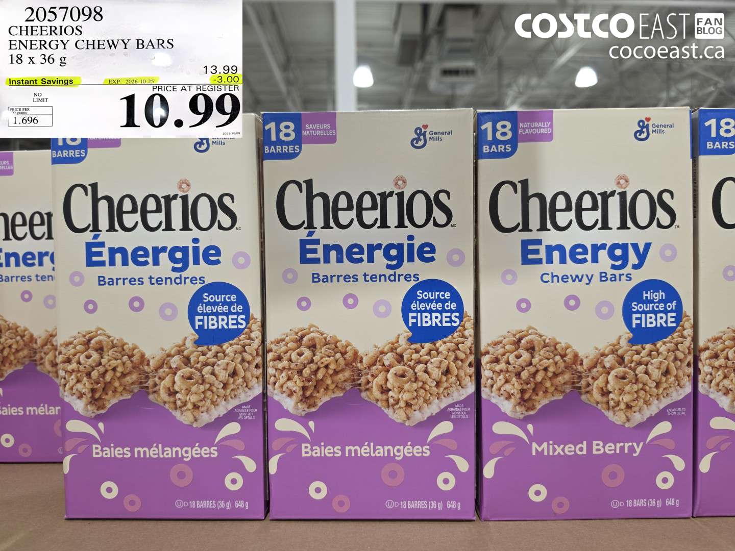 2057098 CHEERIOS ENERGY CHEWY BARS 18 X 36 G ($3.00 INSTANT SAVINGS EXPIRES ON 2026-10-25) $10.99