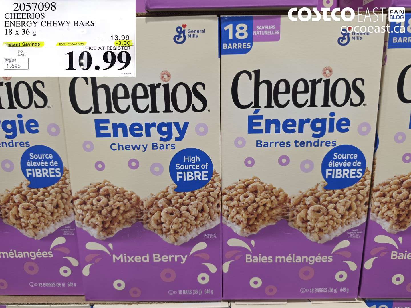 2057098 CHEERIOS ENERGY CHEWY BARS 18 X 36 G ($3.00 INSTANT SAVINGS EXPIRES ON 2026-10-25) $10.99