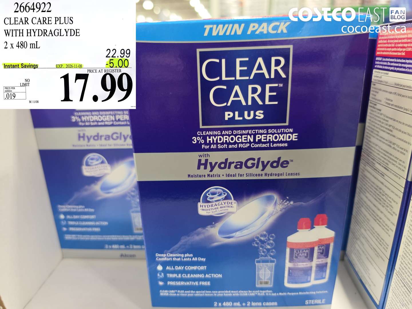 2664922 CLEAR CARE PLUS WITH HYDRAGLYDE 2 X 480 ML ($5.00 INSTANT SAVINGS EXPIRES ON 2026-11-08) $17.99