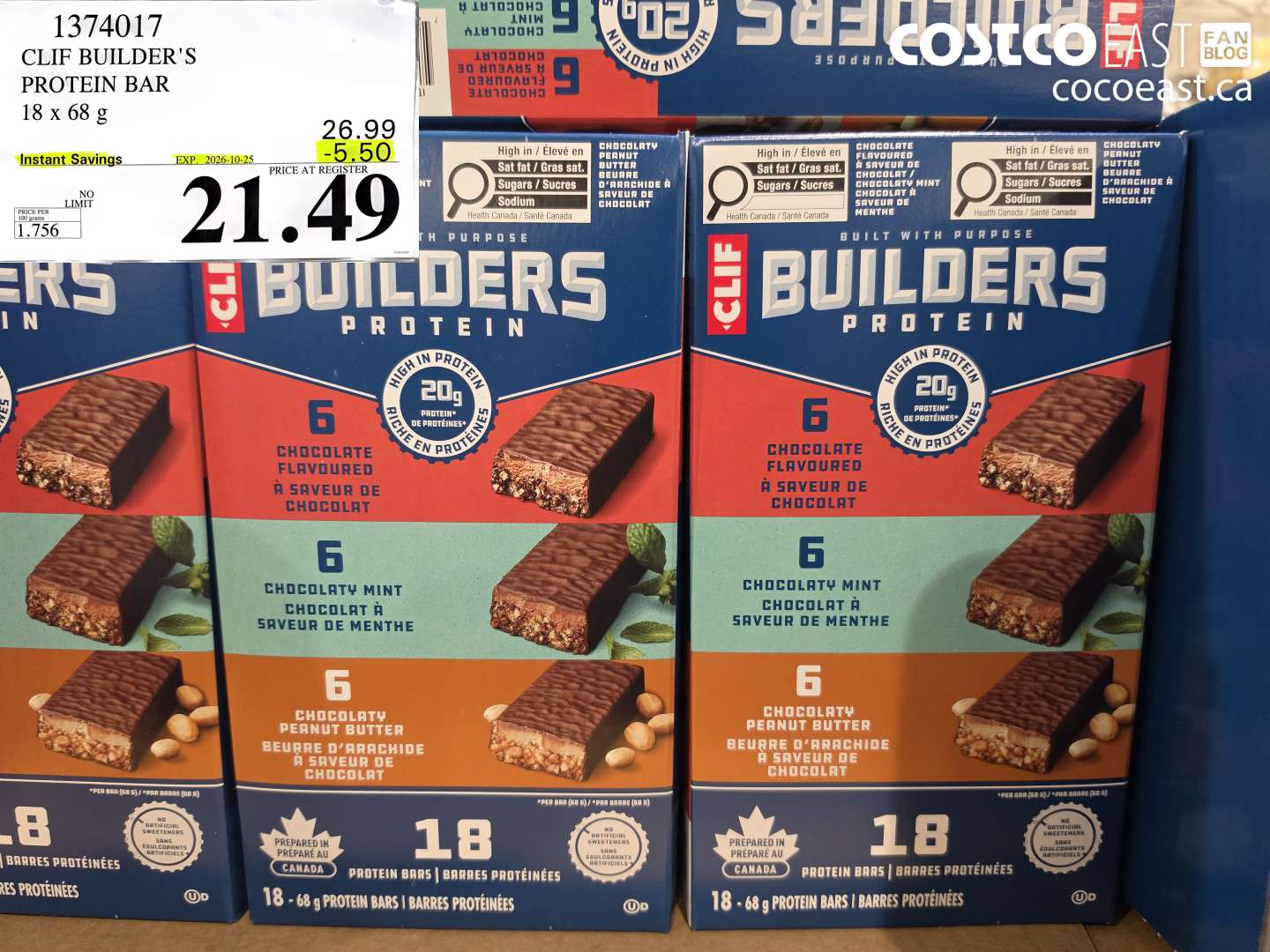 1374017 CLIF BUILDER'S PROTEIN BAR 18 X 68 G ($5.50 INSTANT SAVINGS EXPIRES ON 2026-10-25) $21.49