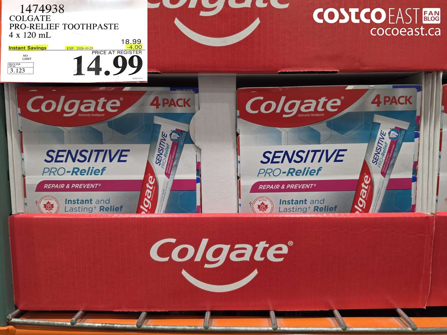 1474938 COLGATE PRO-RELIEF TOOTHPASTE 4 X 120 ML ($4.00 INSTANT SAVINGS EXPIRES ON 2026-10-25) $14.99