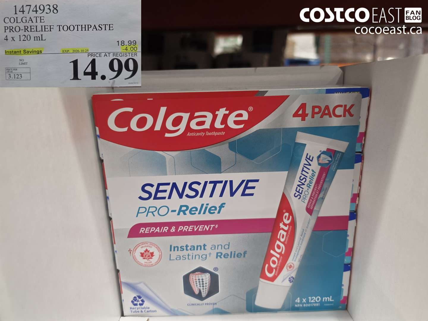 1474938 COLGATE PRO-RELIEF TOOTHPASTE 4 X 120 ML ($4.00 INSTANT SAVINGS EXPIRES ON 2026-10-25) $14.99