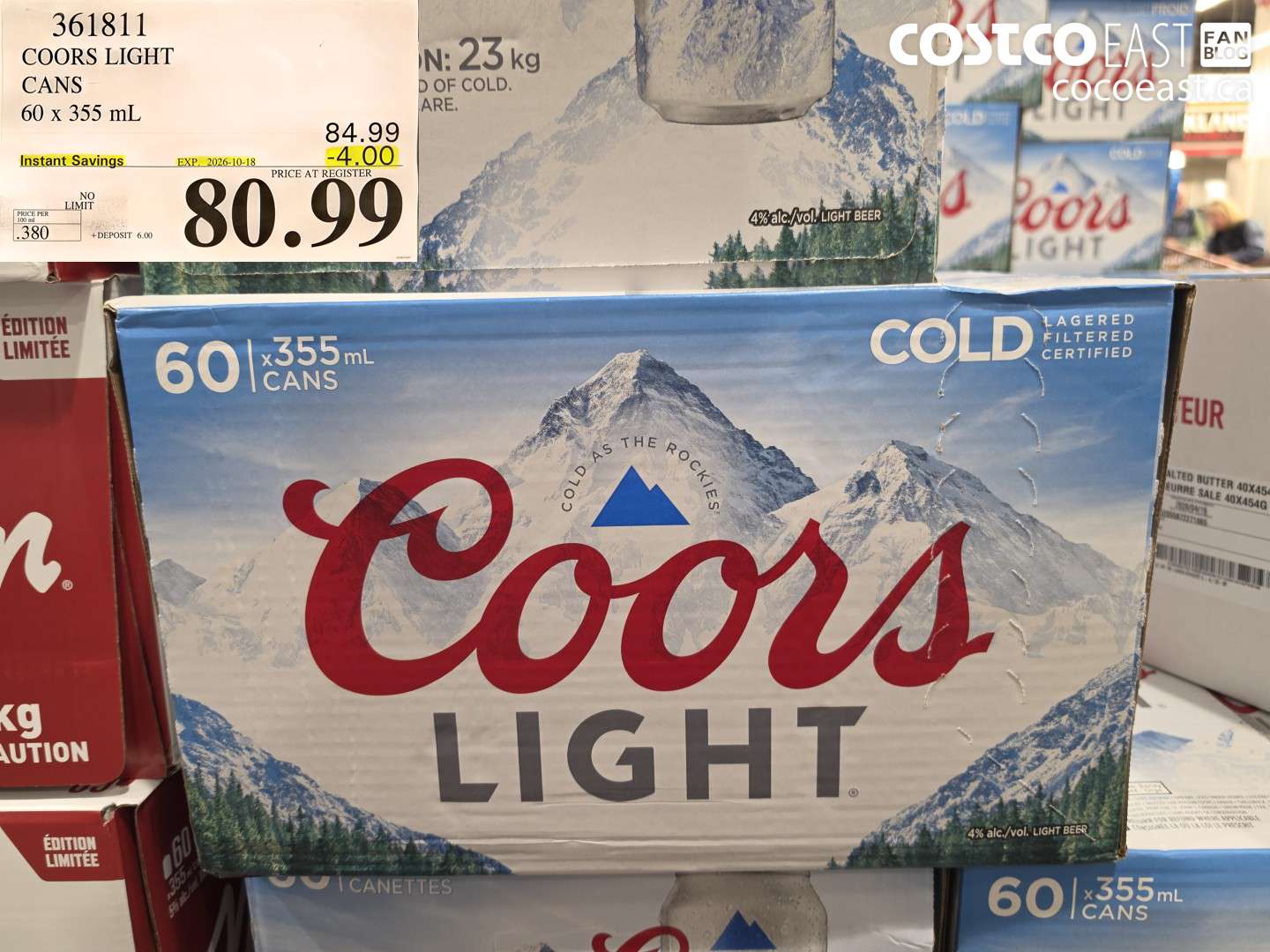 361811 COORS LIGHT CANS 60 X 355 ML ($4.00 INSTANT SAVINGS EXPIRES ON 2026-10-18) $80.99