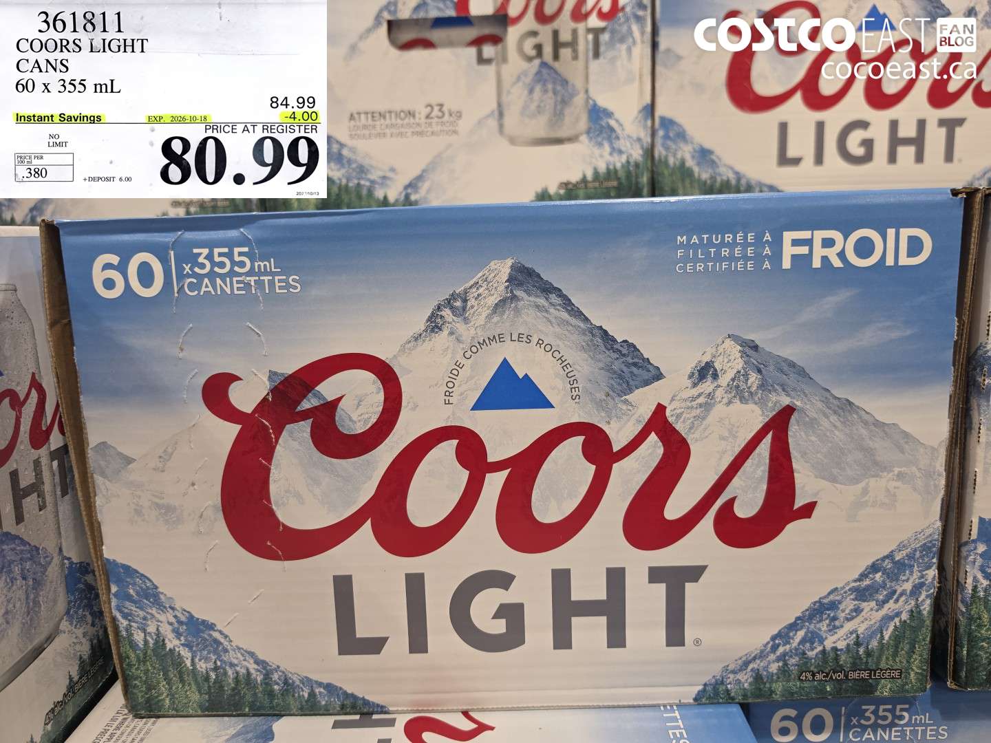 361811 COORS LIGHT CANS 60 X 355 ML ($4.00 INSTANT SAVINGS EXPIRES ON 2026-10-18) $80.99
