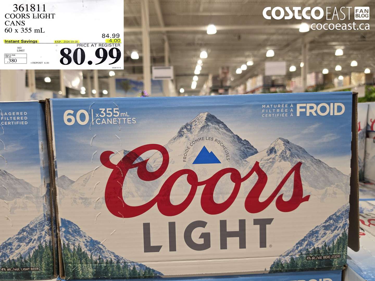 361811 COORS LIGHT CANS 60 X 355 ML ($4.00 INSTANT SAVINGS EXPIRES ON 2026-10-18) $80.99