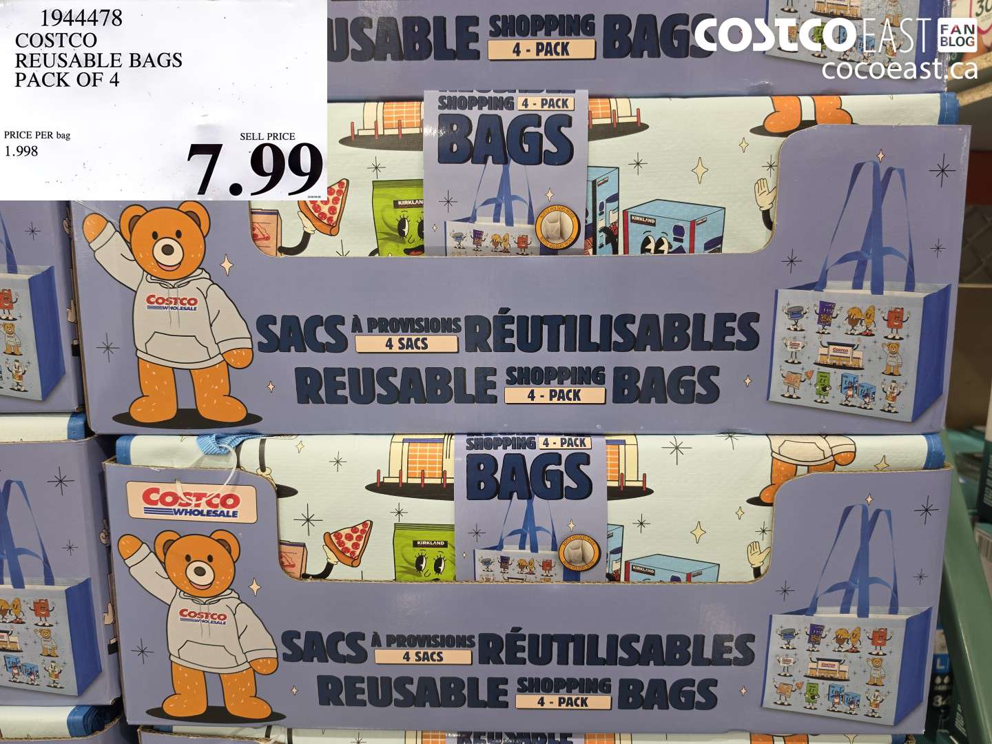 1944478 COSTCO REUSABLE BAGS PACK OF 4 $7.99