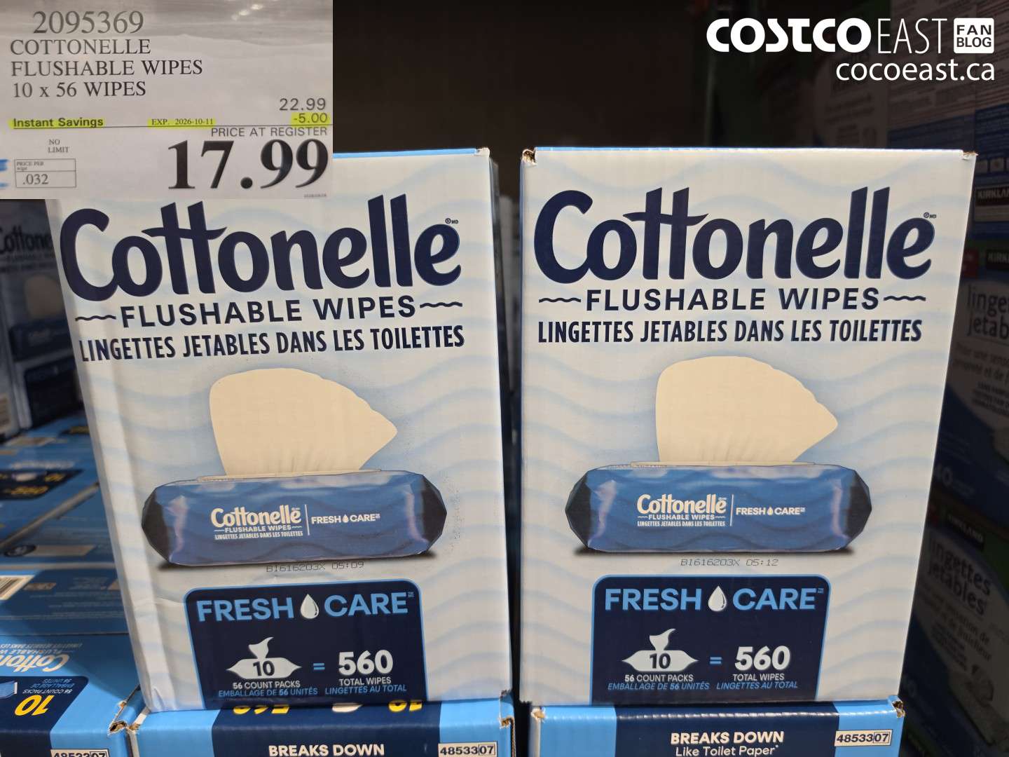 2095369 COTTONELLE FLUSHABLE WIPES 10 X 56 WIPES ($5.00 INSTANT SAVINGS EXPIRES ON 2026-10-11) $17.99