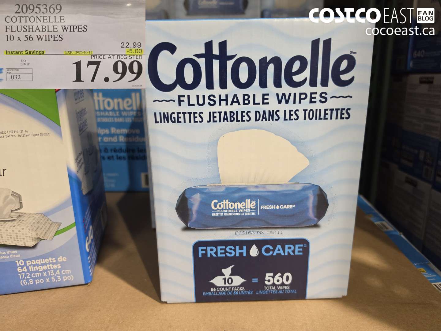 2095369 COTTONELLE FLUSHABLE WIPES 10 X 56 WIPES ($5.00 INSTANT SAVINGS EXPIRES ON 2026-10-11) $17.99