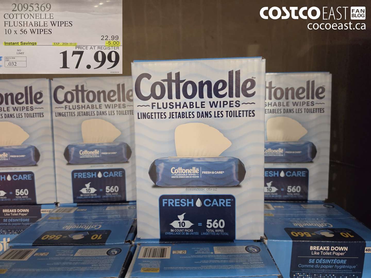 2095369 COTTONELLE FLUSHABLE WIPES 10 X 56 WIPES ($5.00 INSTANT SAVINGS EXPIRES ON 2026-10-11) $17.99