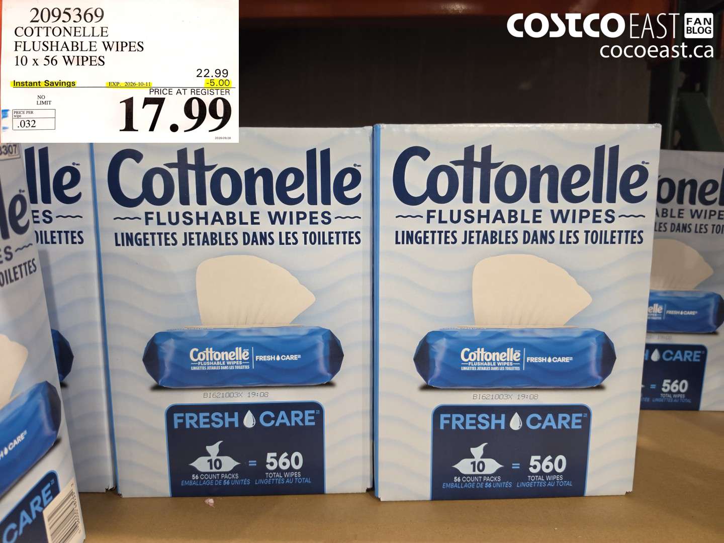 2095369 COTTONELLE FLUSHABLE WIPES 10 X 56 WIPES ($5.00 INSTANT SAVINGS EXPIRES ON 2026-10-11) $17.99