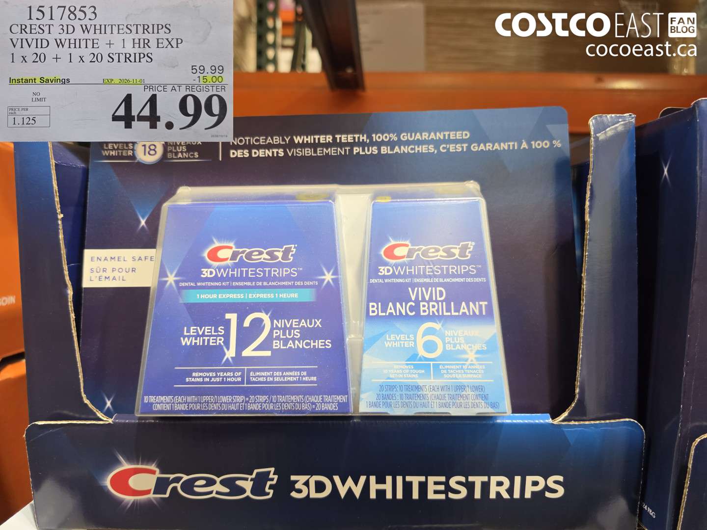 1517853 CREST 3D WHITESTRIPS VIVID WHITE + 1 HR EXP 1 X 20 + 1 X 20 STRIPS ($15.00 INSTANT SAVINGS EXPIRES ON 2026-11-01) $44.99