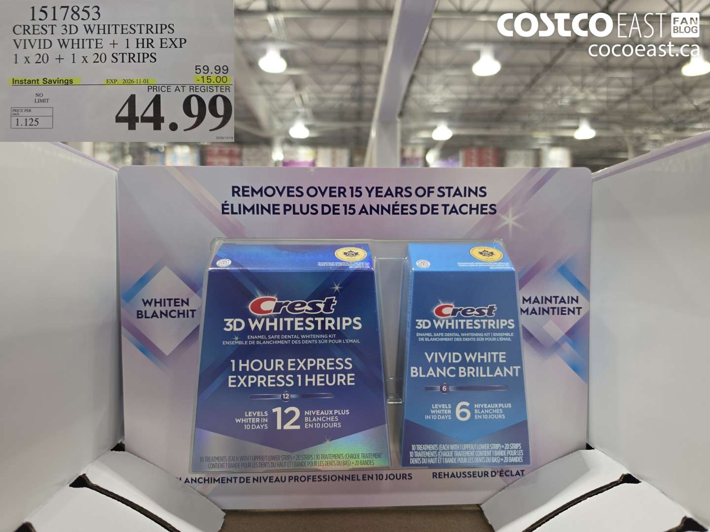 1517853 CREST 3D WHITESTRIPS VIVID WHITE + 1 HR EXP 1 X 20 + 1 X 20 STRIPS ($15.00 INSTANT SAVINGS EXPIRES ON 2026-11-01) $44.99