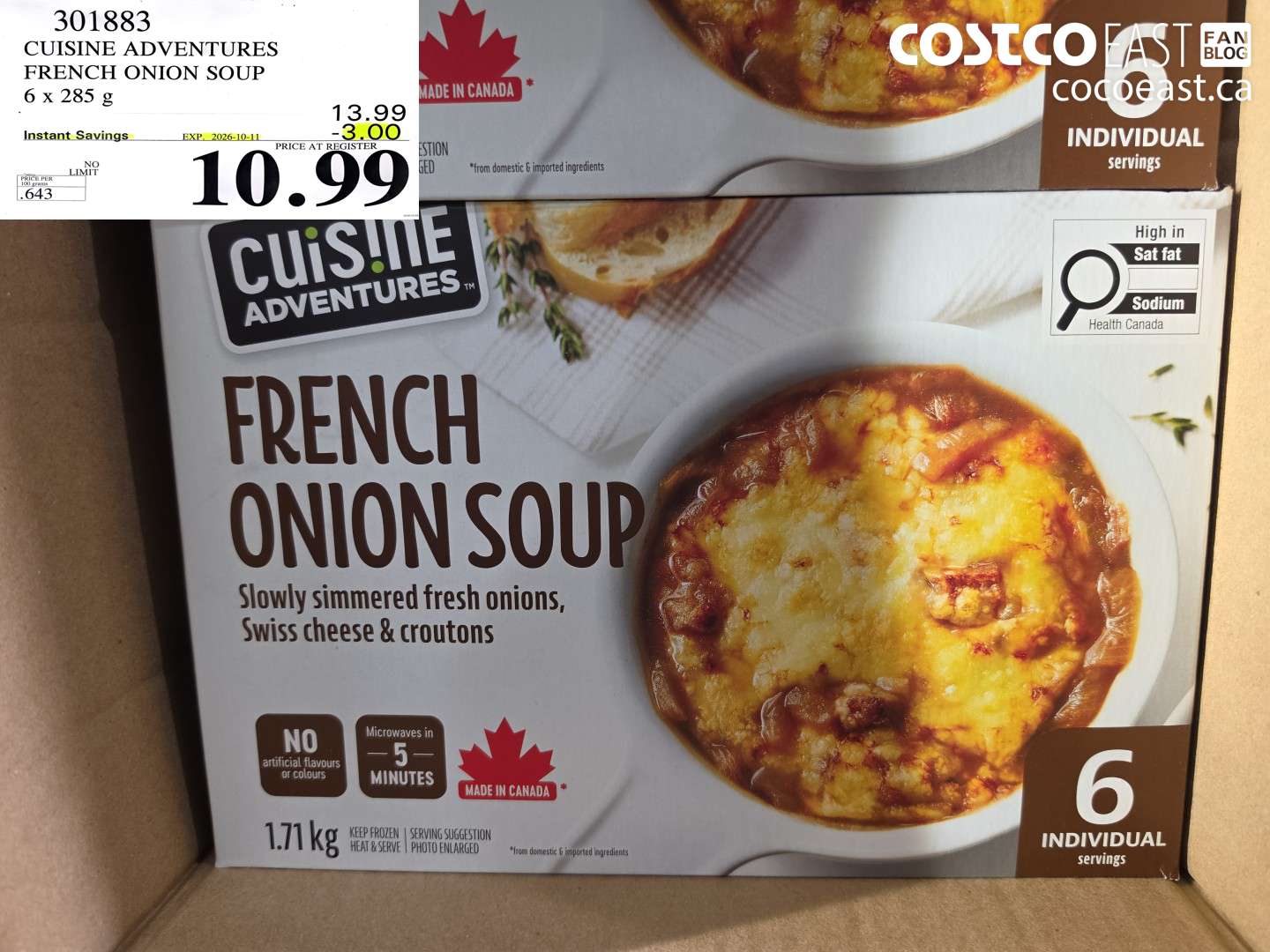 301883 CUISINE ADVENTURES FRENCH ONION SOUP 6 X 285 G ($3.00 INSTANT SAVINGS EXPIRES ON 2026-10-11) $10.99