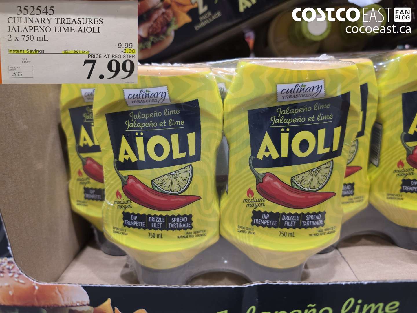 352545 CULINARY TREASURES JALAPENO LIME AIOLI 2 X 750 ML ($2.00 INSTANT SAVINGS EXPIRES ON 2026-10-25) $7.99
