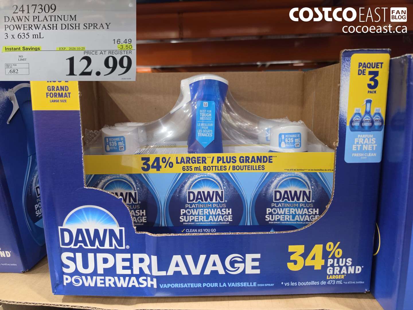 2417309 DAWN PLATINUM POWERWASH DISH SPRAY 3 X 635 ML ($3.50 INSTANT SAVINGS EXPIRES ON 2026-10-25) $12.99