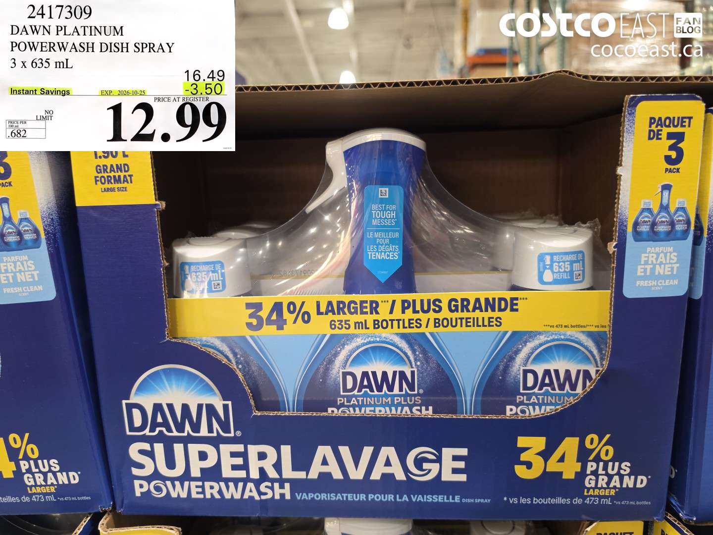 2417309 DAWN PLATINUM POWERWASH DISH SPRAY 3 X 635 ML ($3.50 INSTANT SAVINGS EXPIRES ON 2026-10-25) $12.99