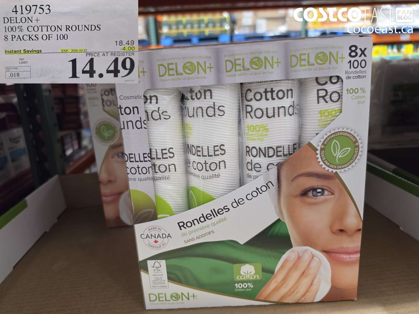 419753 DELON+ 100% COTTON ROUNDS 8 PACKS OF 100 ($4.00 INSTANT SAVINGS EXPIRES ON 2026-10-22) $14.49