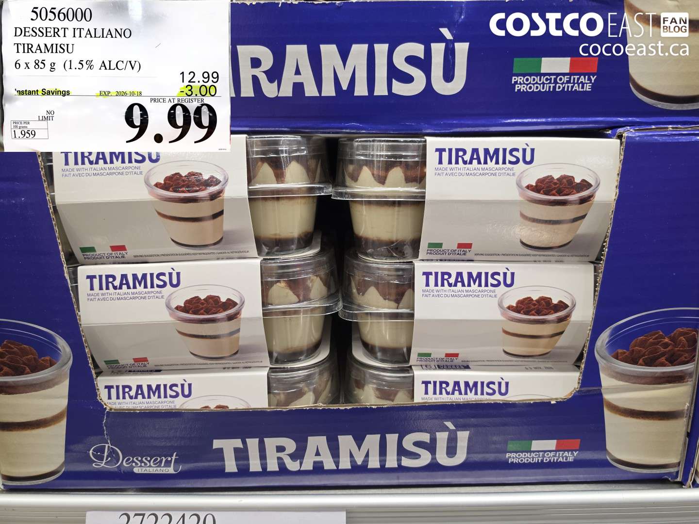 5056000 DESSERT ITALIANO TIRAMISU 6 X 85 G (1.5% ALC/V) ($3.00 INSTANT SAVINGS EXPIRES ON 2026-10-18) $9.99