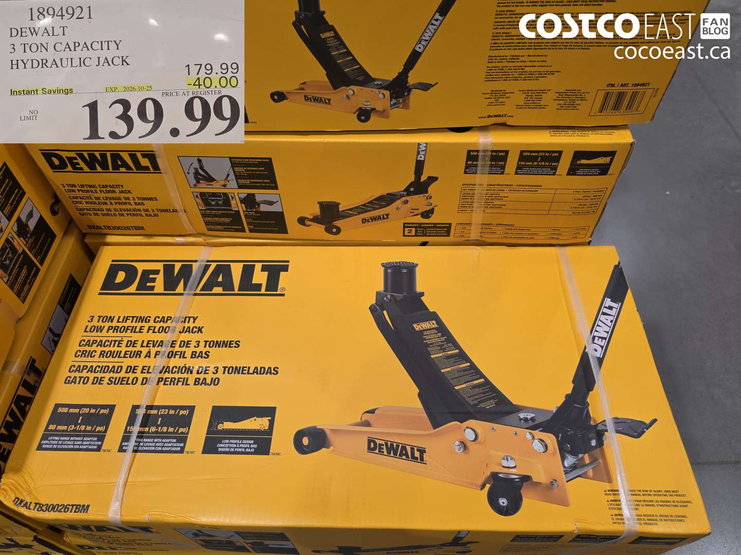 1894921 DEWALT 3 TON CAPACITY HYDRAULIC JACK ($40.00 INSTANT SAVINGS EXPIRES ON 2026-10-25) $139.99