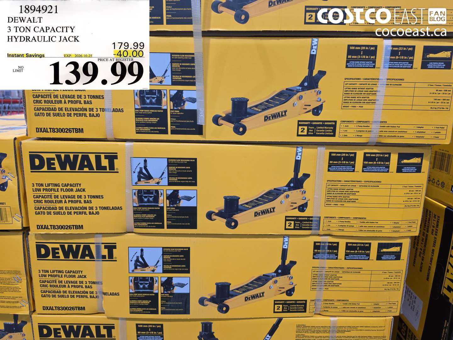 1894921 DEWALT 3 TON CAPACITY HYDRAULIC JACK ($40.00 INSTANT SAVINGS EXPIRES ON 2026-10-25) $139.99