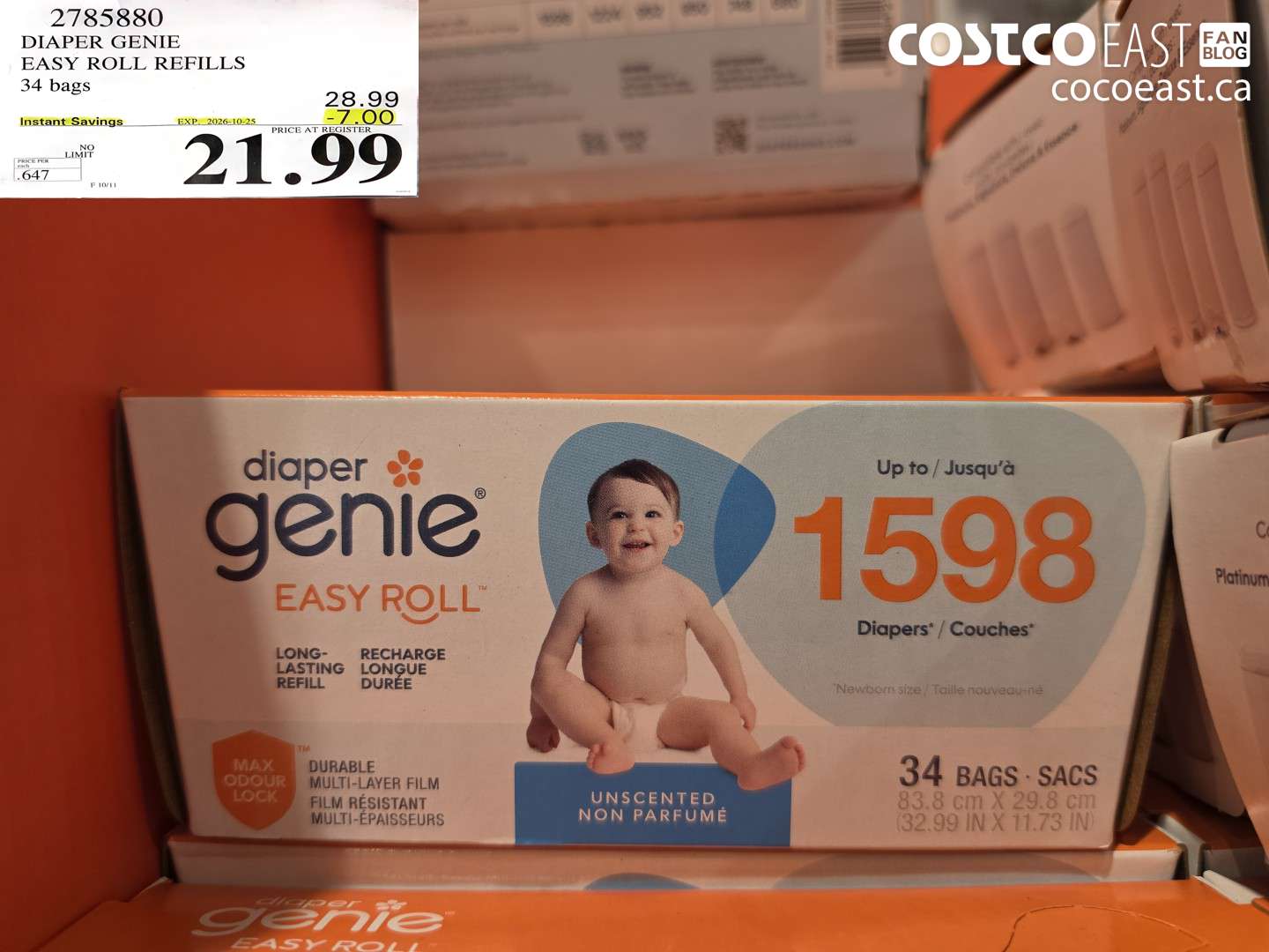 2785880 DIAPER GENIE EASY ROLL REFILLS 34 BAGS ($7.00 INSTANT SAVINGS EXPIRES ON 2026-10-25) $21.99