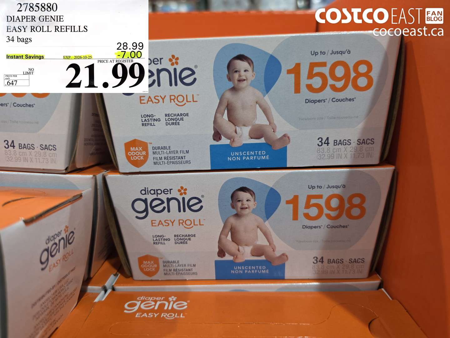 2785880 DIAPER GENIE EASY ROLL REFILLS 34 BAGS ($7.00 INSTANT SAVINGS EXPIRES ON 2026-10-25) $21.99