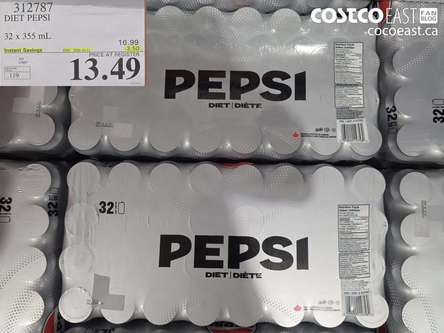 312787 DIET PEPSI 32 X 355 ML ($3.50 INSTANT SAVINGS EXPIRES ON 2026-10-11) $13.49