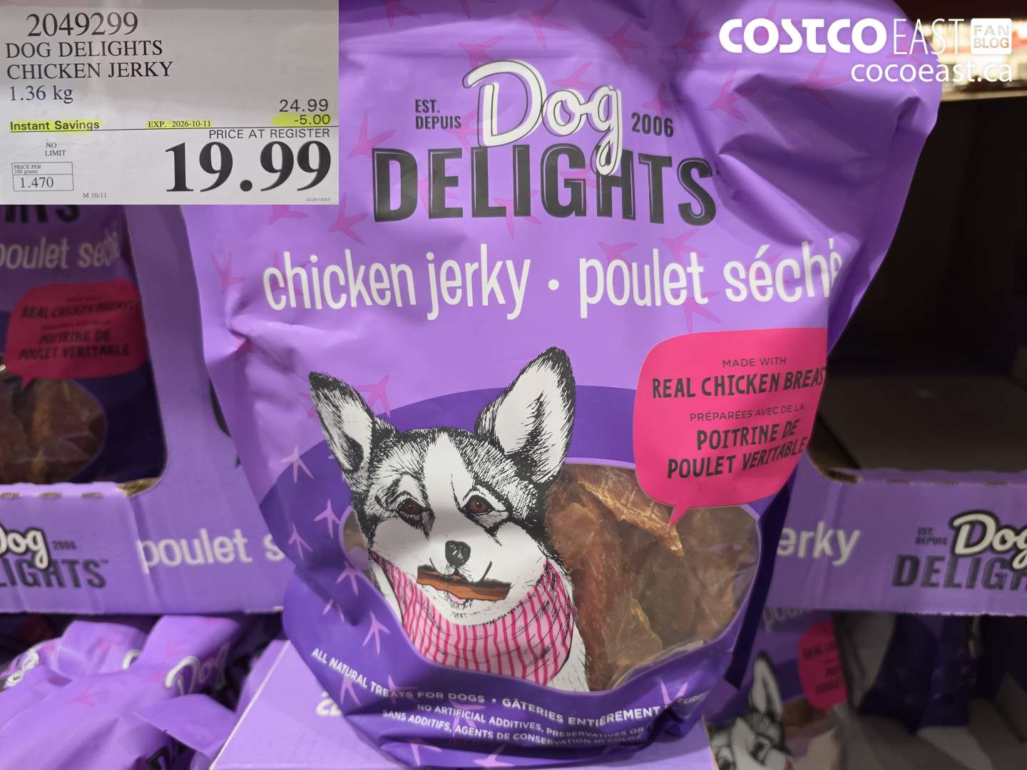 2049299 DOG DELIGHTS CHICKEN JERKY 1.36 KG ($5.00 INSTANT SAVINGS EXPIRES ON 2026-10-11) $19.99