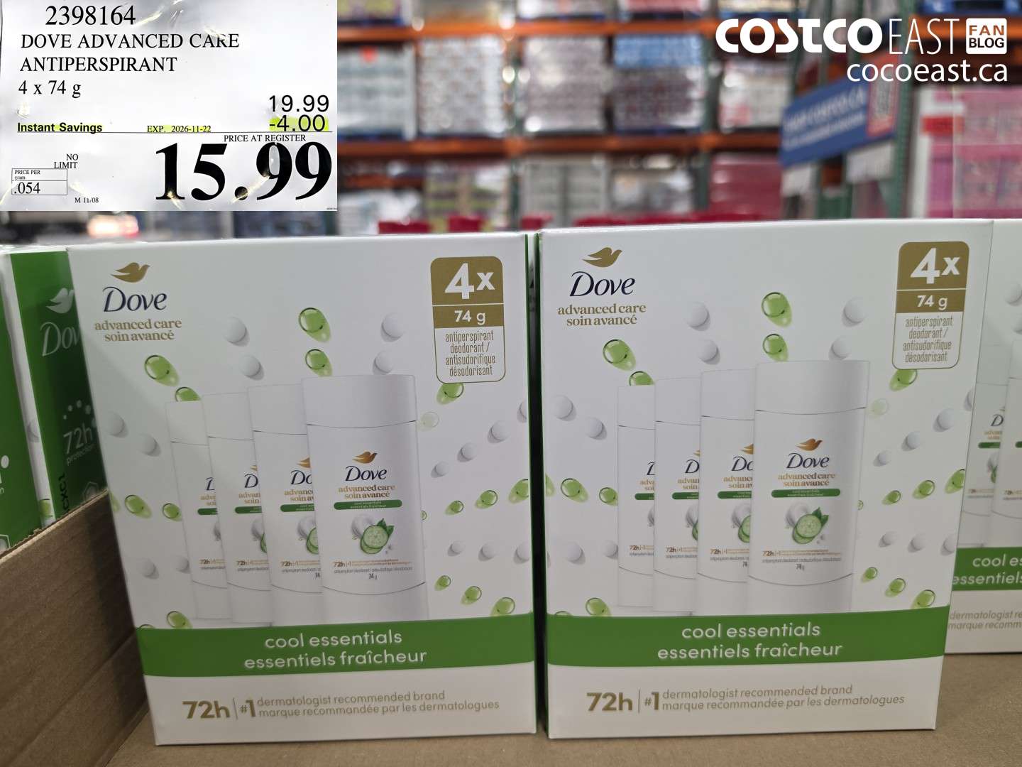 2398164 DOVE ADVANCED CARE ANTIPERSPIRANT 4 X 74 G ($4.00 INSTANT SAVINGS EXPIRES ON 2026-11-22) $15.99