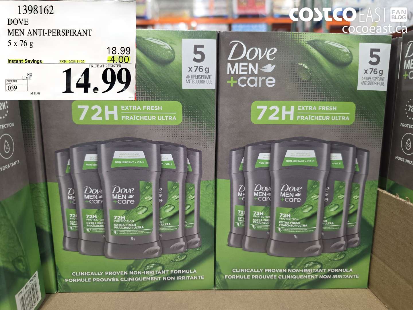 1398162 DOVE MEN ANTI-PERSPIRANT 5 X 76 G ($4.00 INSTANT SAVINGS EXPIRES ON 2026-11-22) $14.99