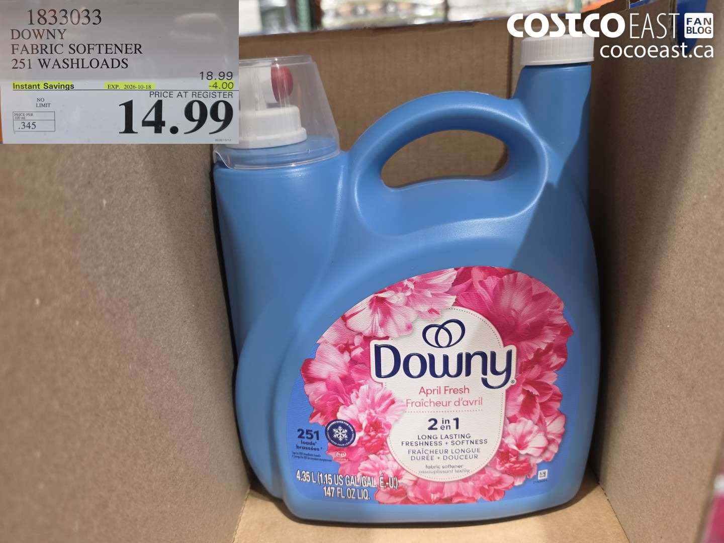 1833033 DOWNY FABRIC SOFTENER 251 WASHLOADS ($4.00 INSTANT SAVINGS EXPIRES ON 2026-10-18) $14.99