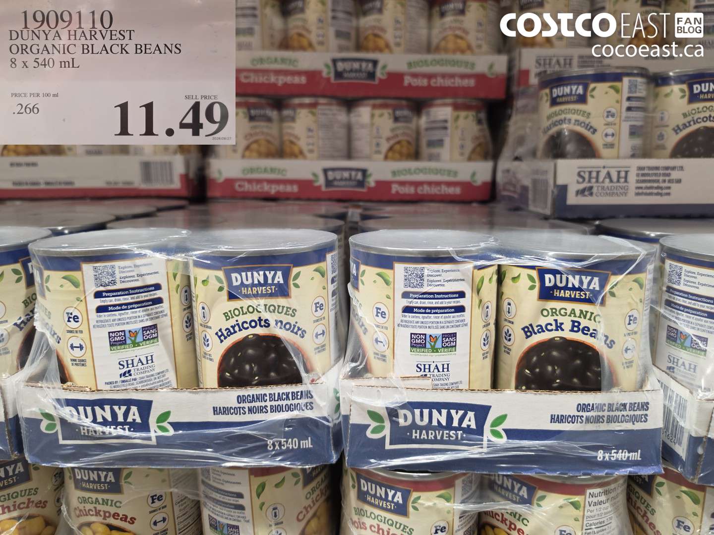 1909110 DUNYA HARVEST ORGANIC BLACK BEANS 8 X 540 ML $11.49